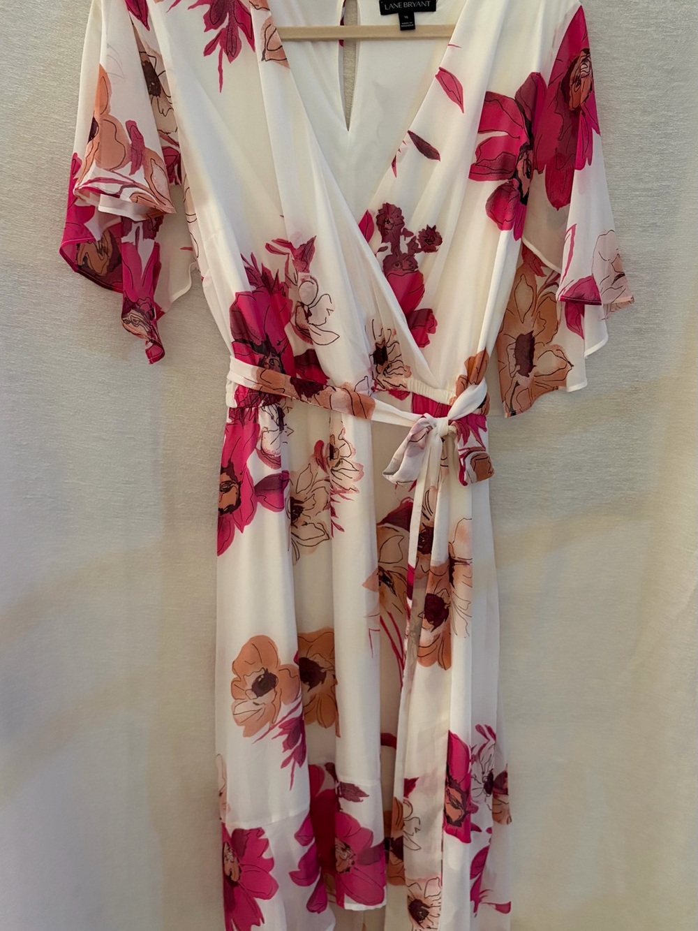 Lane Bryant White Wrap Dress with Pink & Tan Floral